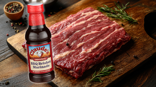 A bottle of Claude's Sauces BBQ Brisket Marinade and a chunk of raw brisket.