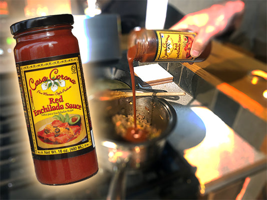 16 oz jar of Casa Corona Instant Red Enchilada Sauce pouring into a saucepan