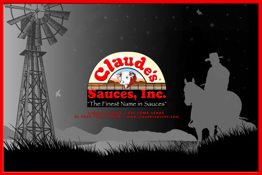 Claude's Sauces logo over silhouette of cowboy and weather vane