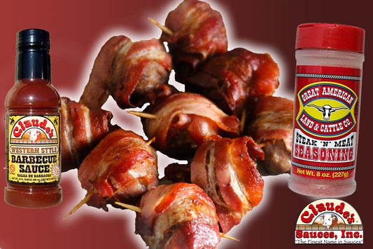 BBQ bacon wrapped meatballs using both Claude's Western Style BBQ Sauce & Great American Steak & Meat Seasoning
