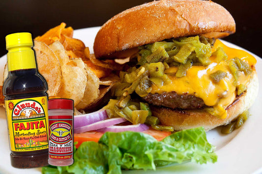 Grilled hamburger using Claude's Fajita Marinade and Great American Seasoning