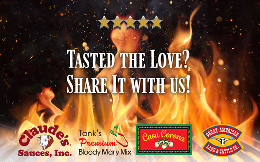 Claude's Sauces graphic inviting customers to share their experiences and feedback.