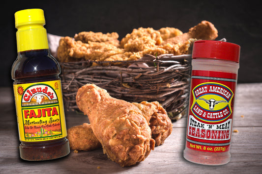 Claude's Fajita Marinade and Great American Steak and Meat seasoning with fried chicken