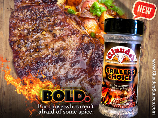 Claude's Grillers Choice Seasoning bottle over a flaming steak