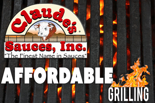 Claude's Sauces logo on grill with 'Affordable Grilling' in text