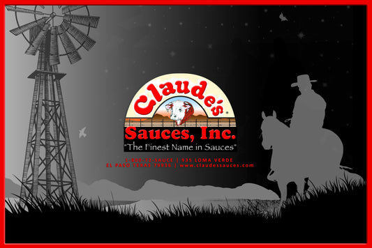 Claude's Sauces logo over silhouette of cowboy and weather vane 