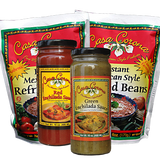 2 16oz. jars of instant enchilada sauce and 2 6oz. bags of deydrated refried beans